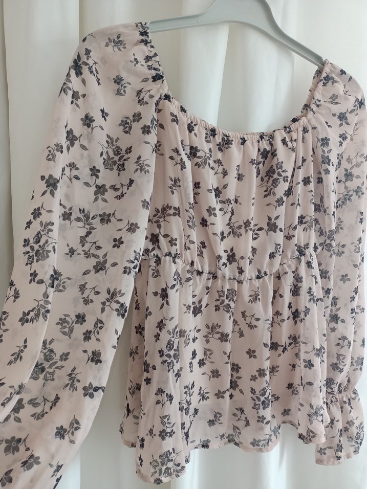 Bej Çiçek Desenli Uzun Kollu Kadın Bluz - Görsel 2