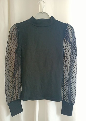 Kadın Siyah Yüksek Yakalı Transparan Kollu Bluz - Görsel 2