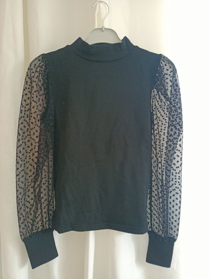 Kadın Siyah Yüksek Yakalı Transparan Kollu Bluz - Görsel 2