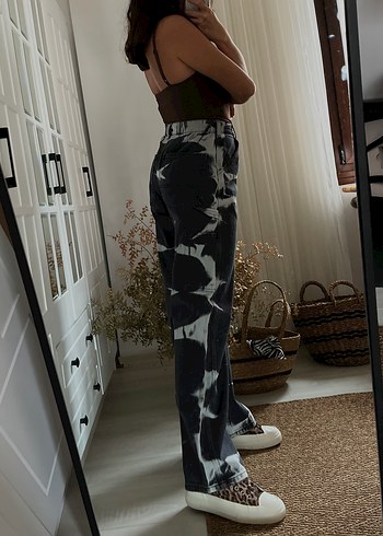 Kadın Siyah Beyaz Bağlama Desenli Bol Kesim Denim Pantolon - Görsel 7