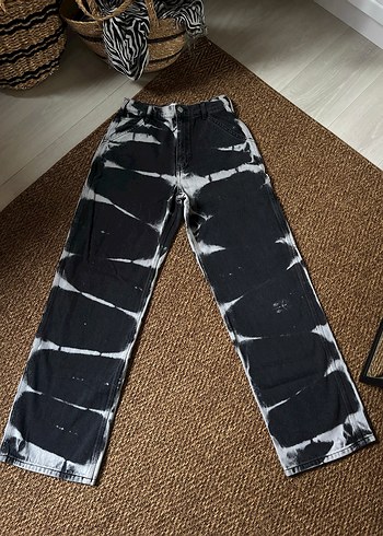 Kadın Siyah Beyaz Bağlama Desenli Bol Kesim Denim Pantolon - Görsel 2