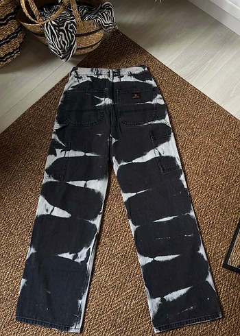 Kadın Siyah Beyaz Bağlama Desenli Bol Kesim Denim Pantolon - Görsel 5