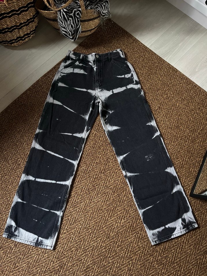 Kadın Siyah Beyaz Bağlama Desenli Bol Kesim Denim Pantolon - Görsel 2