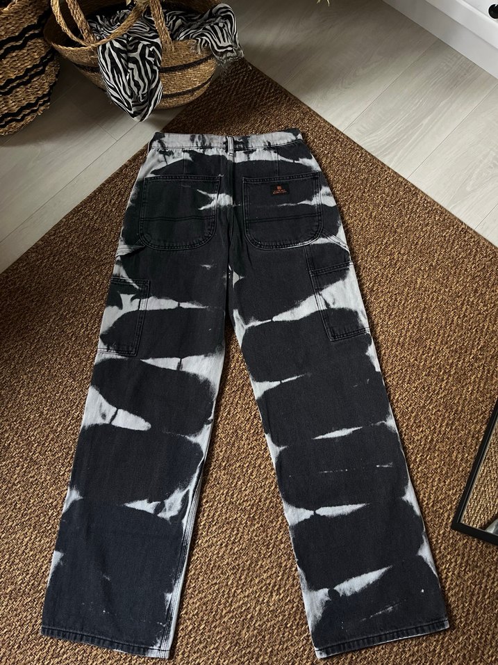 Kadın Siyah Beyaz Bağlama Desenli Bol Kesim Denim Pantolon - Görsel 5