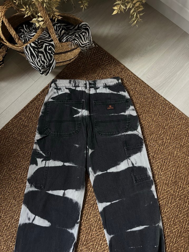 Kadın Siyah Beyaz Bağlama Desenli Bol Kesim Denim Pantolon - Görsel 4