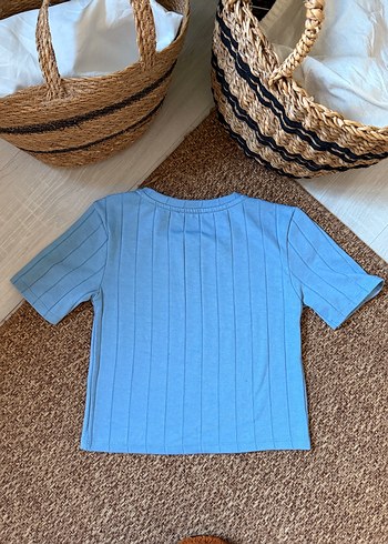 Mavi Kısa Kollu Triko Tişört - Görsel 3