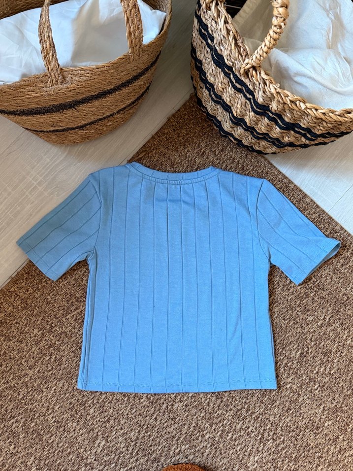 Mavi Kısa Kollu Triko Tişört - Görsel 3