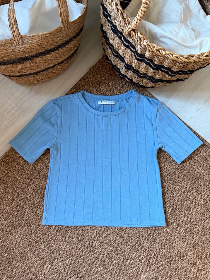 Mavi Kısa Kollu Triko Tişört - Görsel 2