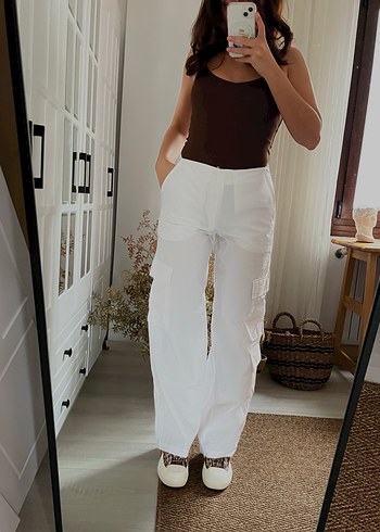 Beyaz Keten Salaş Midi Kadın Pantolon - Görsel 7