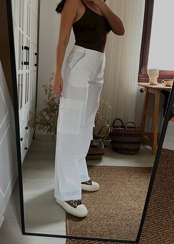 Beyaz Keten Salaş Midi Kadın Pantolon - Görsel 6