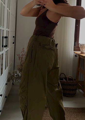 Kahverengi Kemerli Bol Kesim Keten Kadın Pantolon - Görsel 8