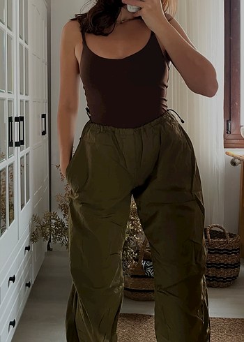 Kahverengi Kemerli Bol Kesim Keten Kadın Pantolon - Görsel 6