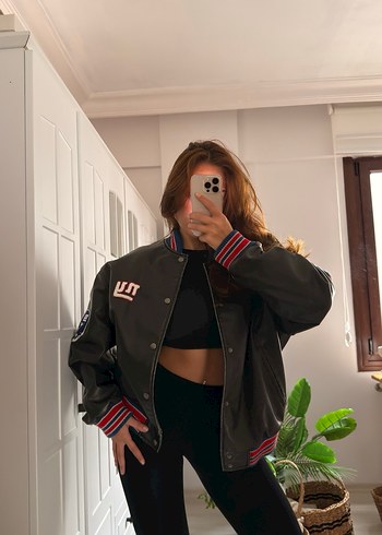 Siyah Kadın Deri Spor Ceket - Görsel 6