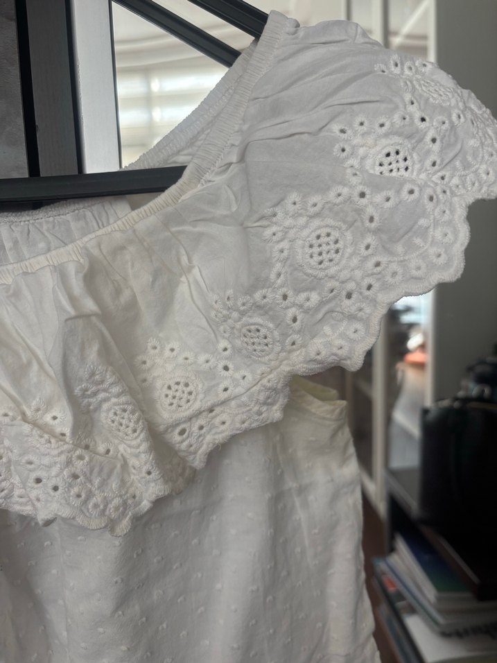 Beyaz Fırfırlı Keten Bluz vintage - Görsel 2