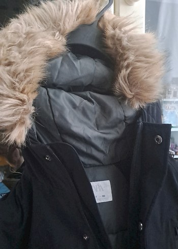 ZARA Siyah Kürklü kapüşonlu kuş tüyü kalın Kaban - Görsel 6
