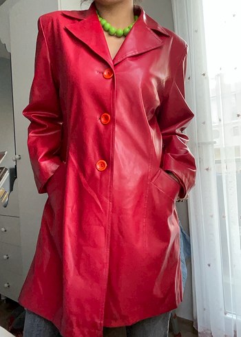 Vintage  Parlak Kırmızı Deri Kadın Ceket - Görsel 2