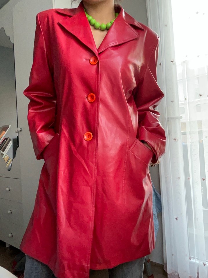 Vintage  Parlak Kırmızı Deri Kadın Ceket - Görsel 2