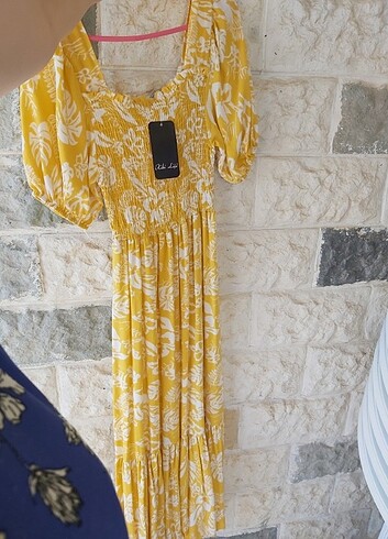 Midi boy sarı çiçekli lastikli karpuz kol yazlık elbise