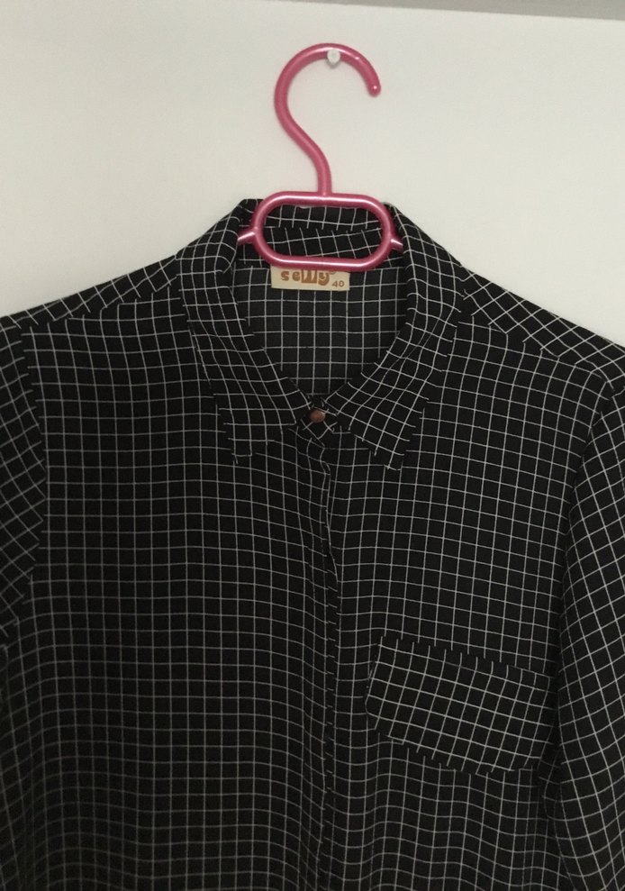 Düğmeli Siyah Ekose Uzun gömlek - Görsel 3