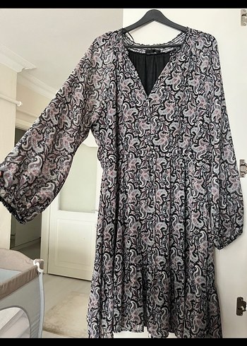 Bohem V Yaka Uzun Kollu Desenli Elbise - Görsel 2