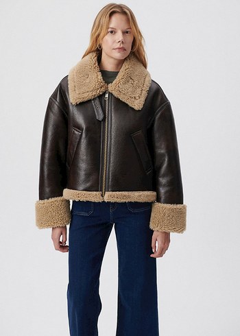 Mavi Jeans Kahverengi Kürklü Deri Kadın Ceket