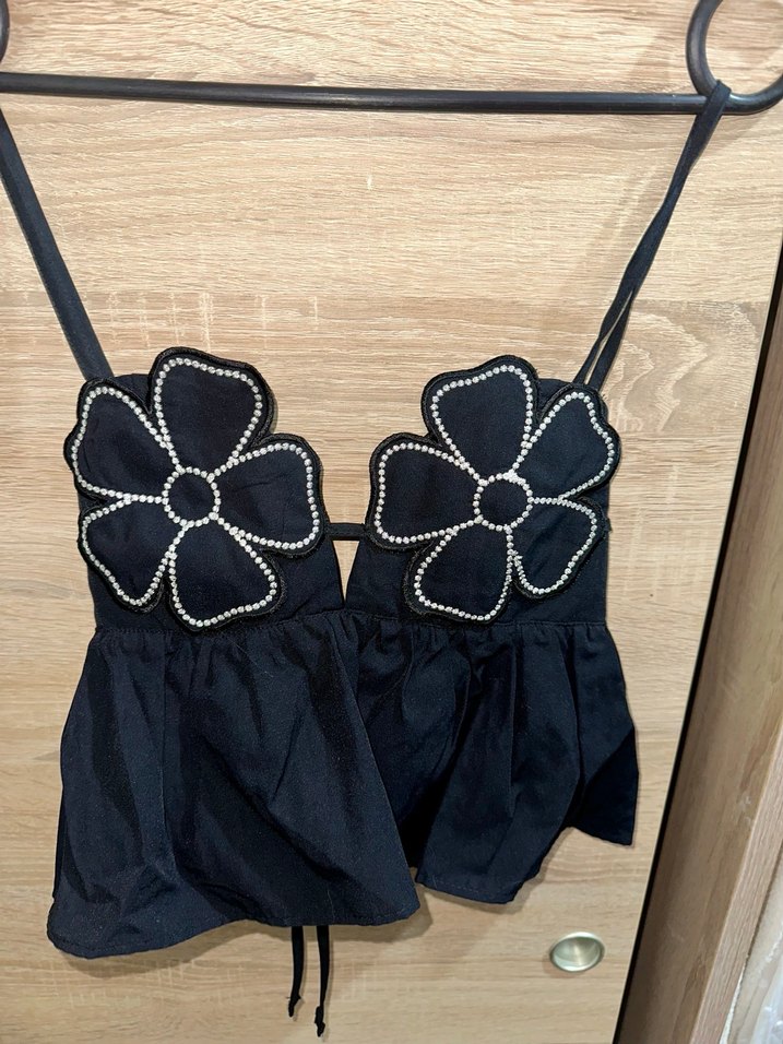 Çiçek Nakışlı Siyah Mini Büstiyer - Görsel 2