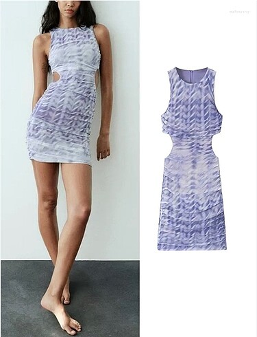 Desenli cut out detaylı tül elbise
