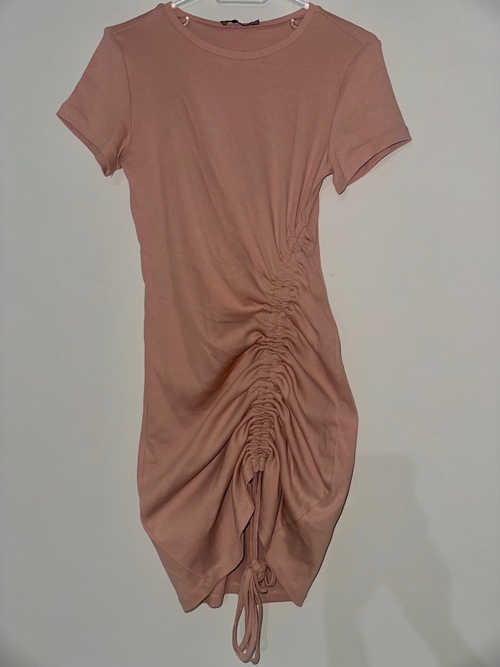 Drapeli Kısa Pembe Triko Elbise - Görsel 2