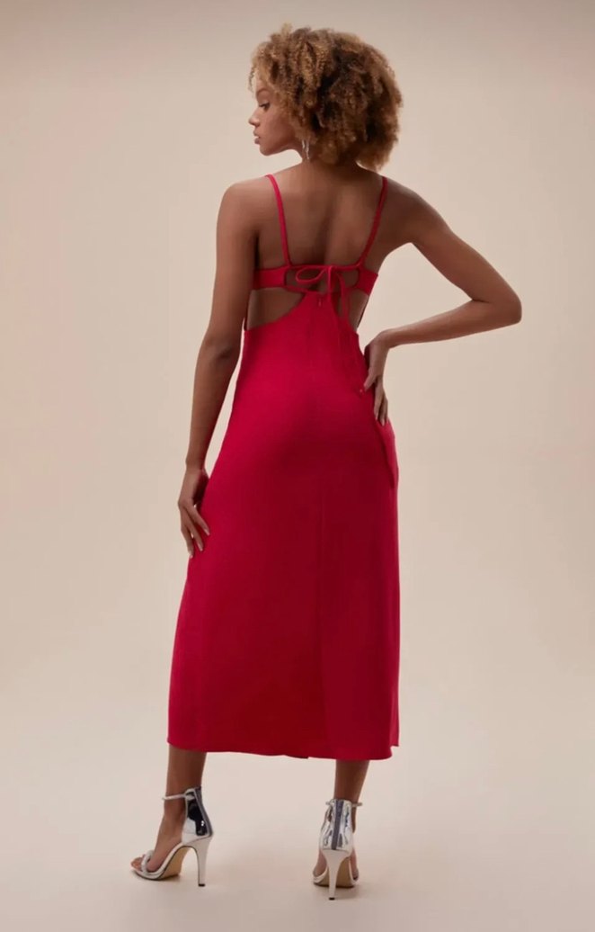 Oleg Cassini Fuşya İnce Askılı Yırtmaçlı Krep Elbise - Görsel 2