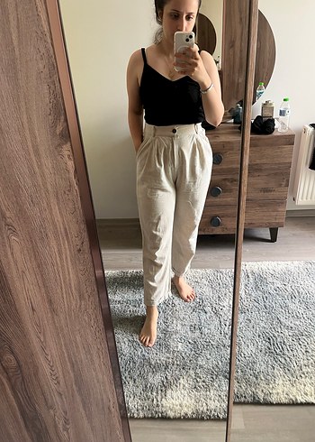 m Beden Mavi Bej Keten Regular Fit Pantolon