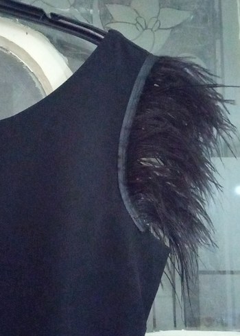 Tüy Detaylı Siyah Midi Kadın Elbise - Görsel 6