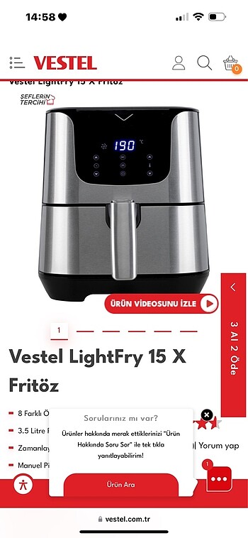 Vestel airfryer 15X modeli