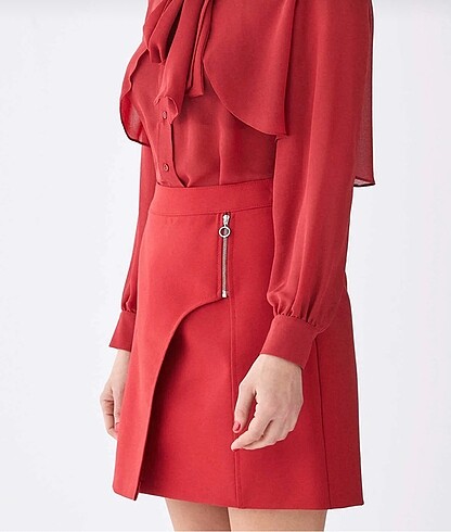 Roman Fermuar Detaylı Mini Etek Kiremit - Görsel 3