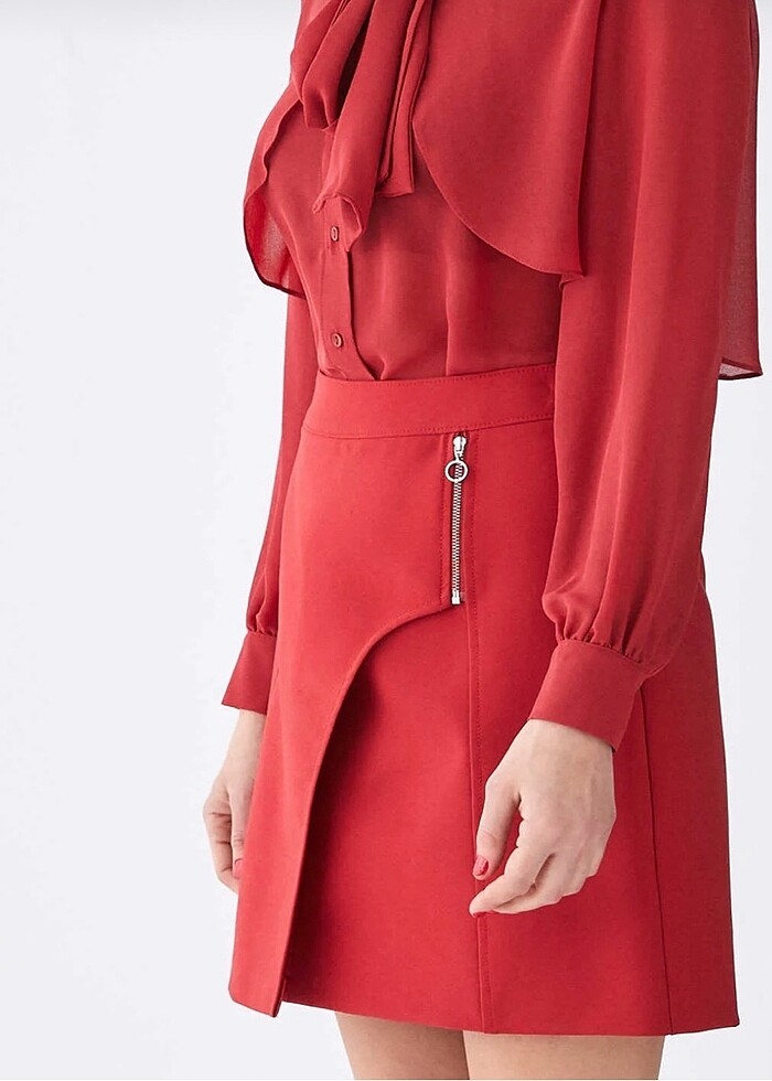 Roman Fermuar Detaylı Mini Etek Kiremit - Görsel 3