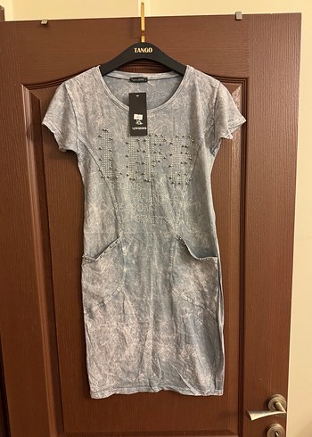 s Beden Gri Batik Desenli Kısa Kollu Midi Elbise