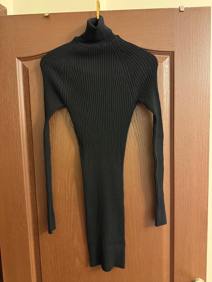 Siyah Yüksek Yakalı Kadın Triko Elbise - Görsel 2