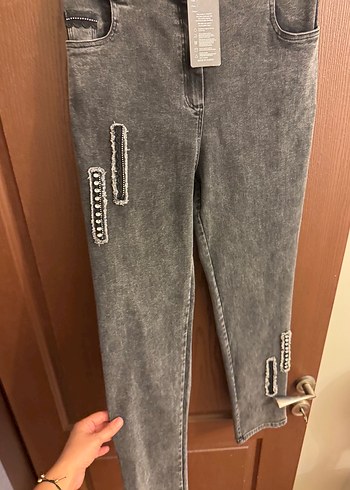 l Beden gri Renk Nakışlı Gri Kadın Kot Pantolon