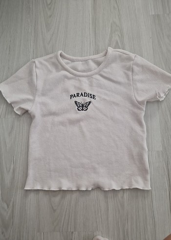 Beyaz Kelebek Baskılı Tişört crop