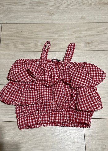 m Beden Kırmızı Kareli Fırfırlı Askılı Mini Bluz
