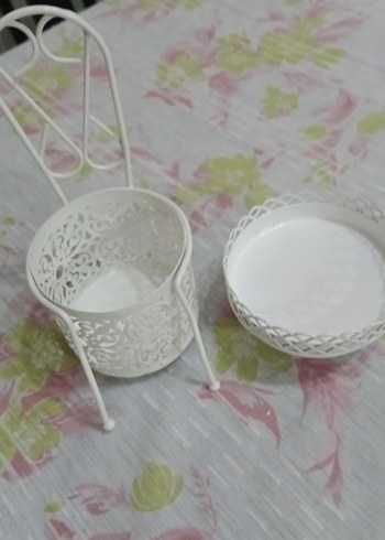 Beyaz Çiçek Desenli Dekoratif Tabak ve Stand - Görsel 2