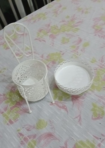 Beyaz Çiçek Desenli Dekoratif Tabak ve Stand - Görsel 3