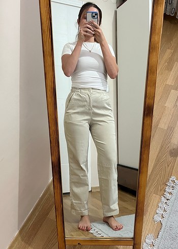 xs Beden Bej Midi Boyfriend Pantolon - Rahat Kesim
