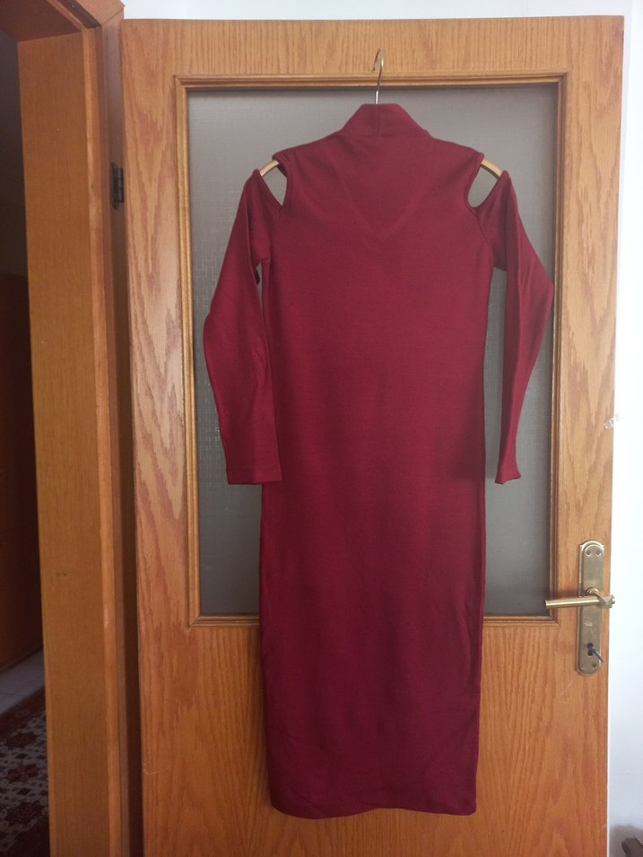 Bordo Uzun Kollu Yüksek Yakalı Uzun  Triko Elbise - Görsel 2