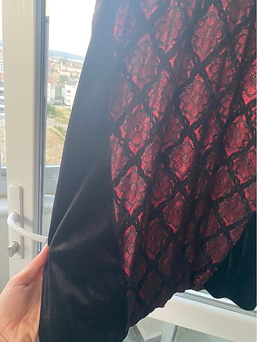 xl Beden bordo Renk Dantelli Kadife Detaylı Abiye Elbise