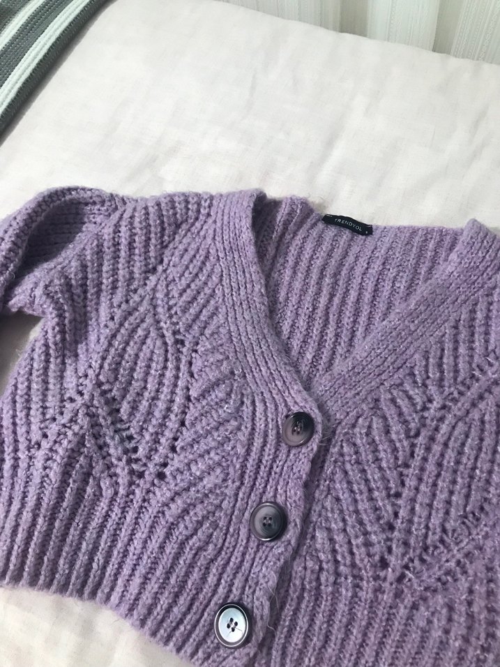 V Yaka Lila Örgü Hırka - Görsel 3