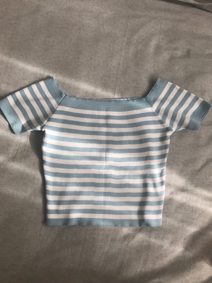 Mavi Beyaz Çizgili Triko tişört - Görsel 2