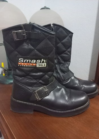 Siyah Deri Tokalı Biker Botlar