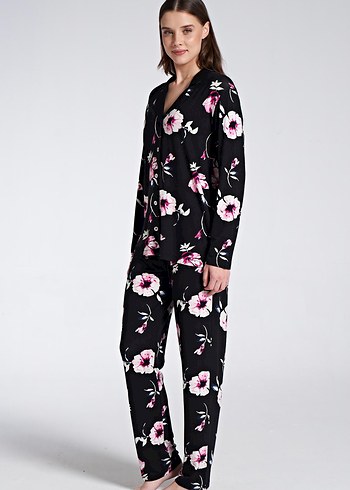 Siyah Çiçek Desenli Uzun Kollu Kadın Pijama Takımı - Görsel 2
