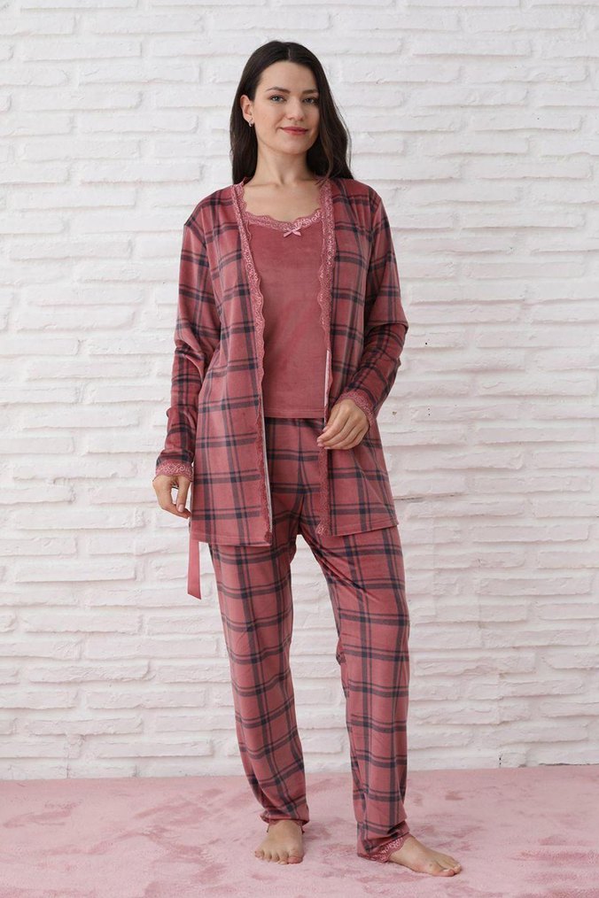 Fransız kadife 3lu sabahlık takım - Görsel 3