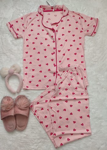 Doremi Pembe Kalp Desenli Kısa Kollu Kadın Pijama Takımı
